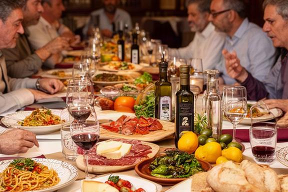 Tavolata conviviale con piatti tipici siciliani durante una cena sociale riservata del club